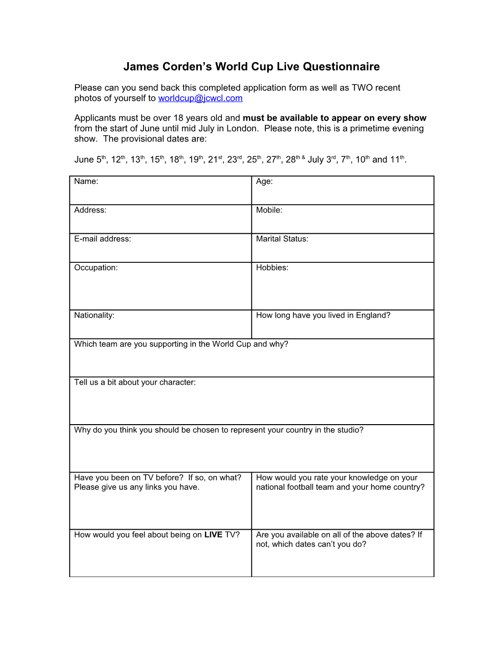 James Corden S World Cup Live Questionnaire