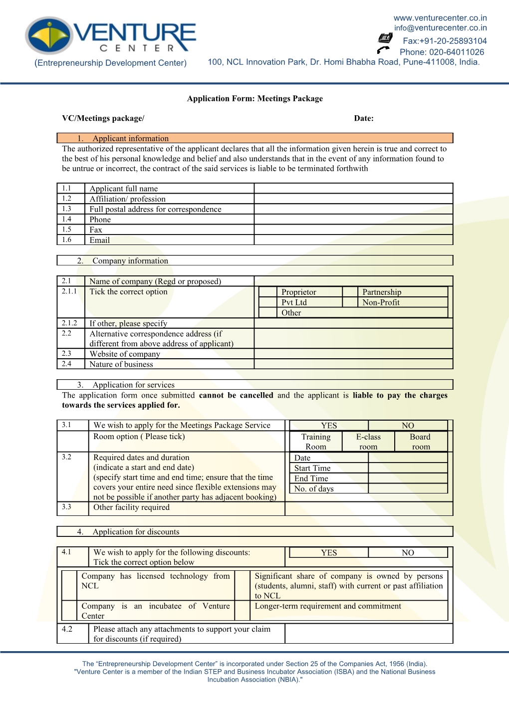 Application Form: Meetings Package