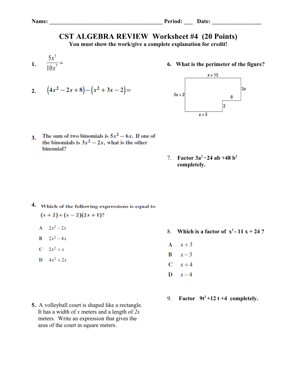 CST ALGEBRA REVIEW Worksheet #1 (20 Points)