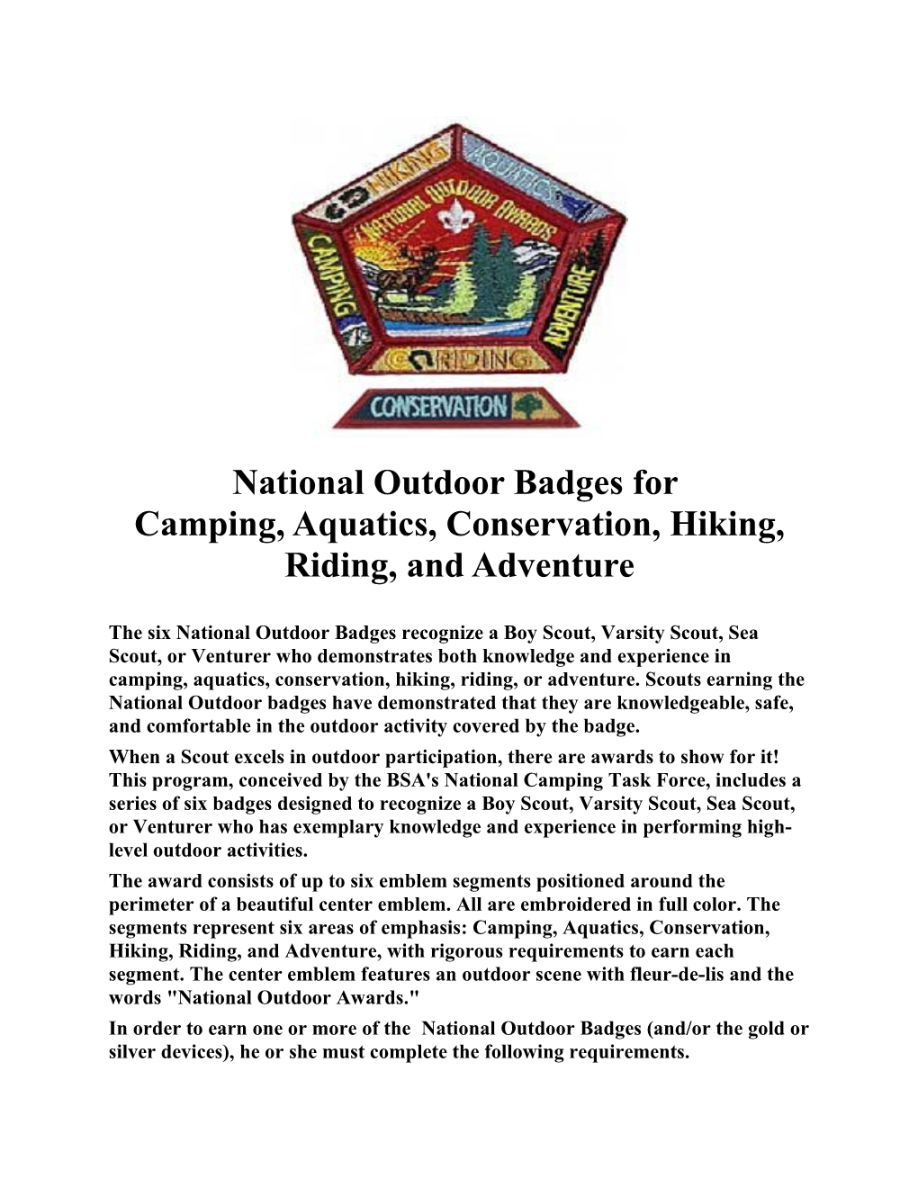 National Outdoor Badges for Camping, Aquatics, Conservation, Hiking, Riding, and Adventure
