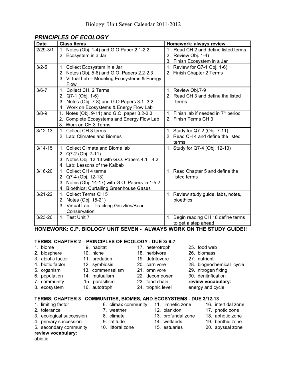 Biology: Unit One Calendar