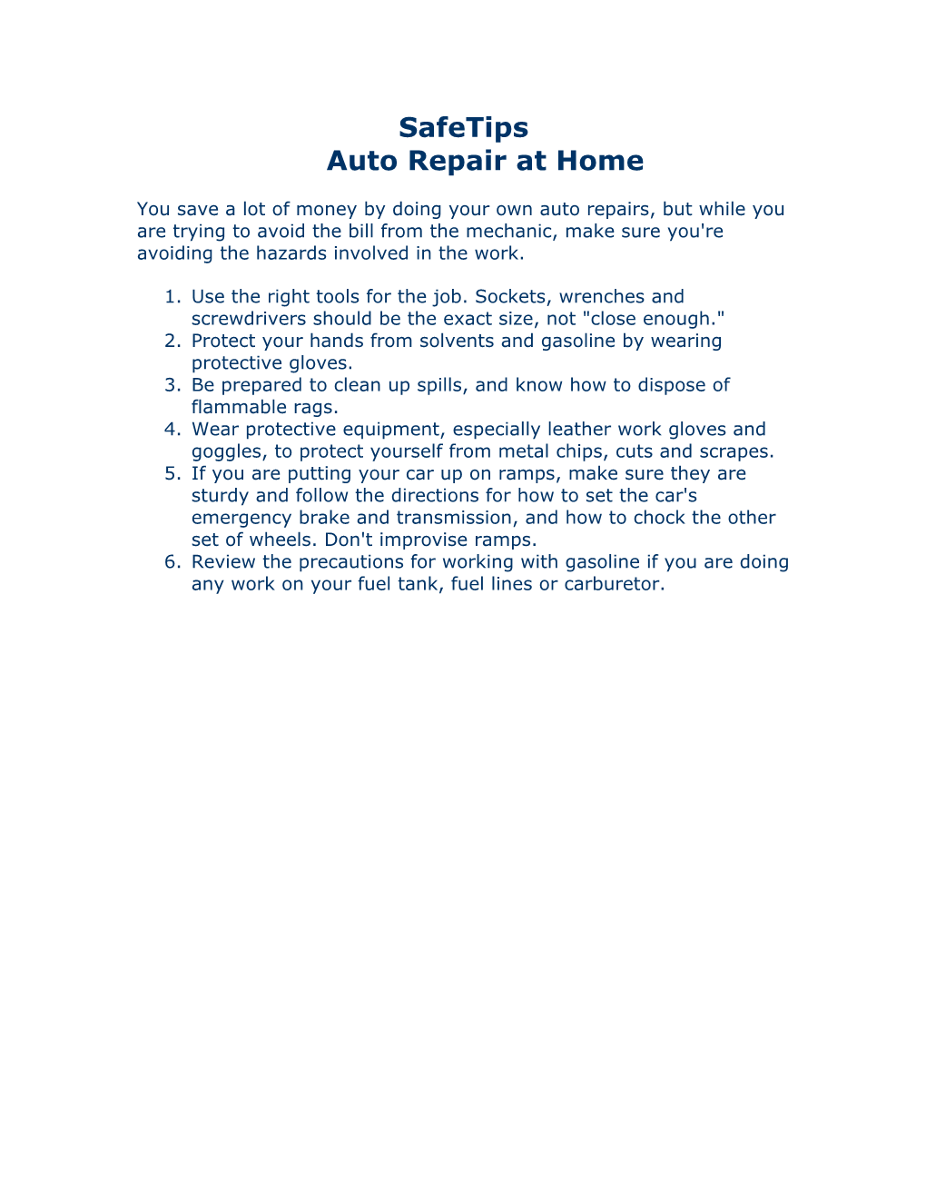 Safetipsauto Repair at Home