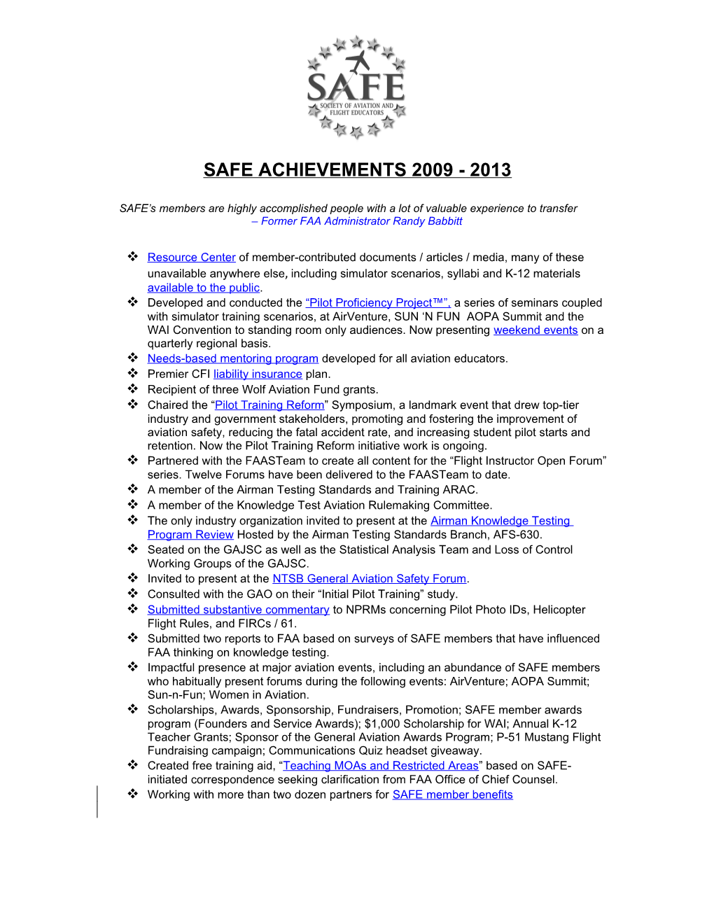 Safe Achievements 2009 - 2013