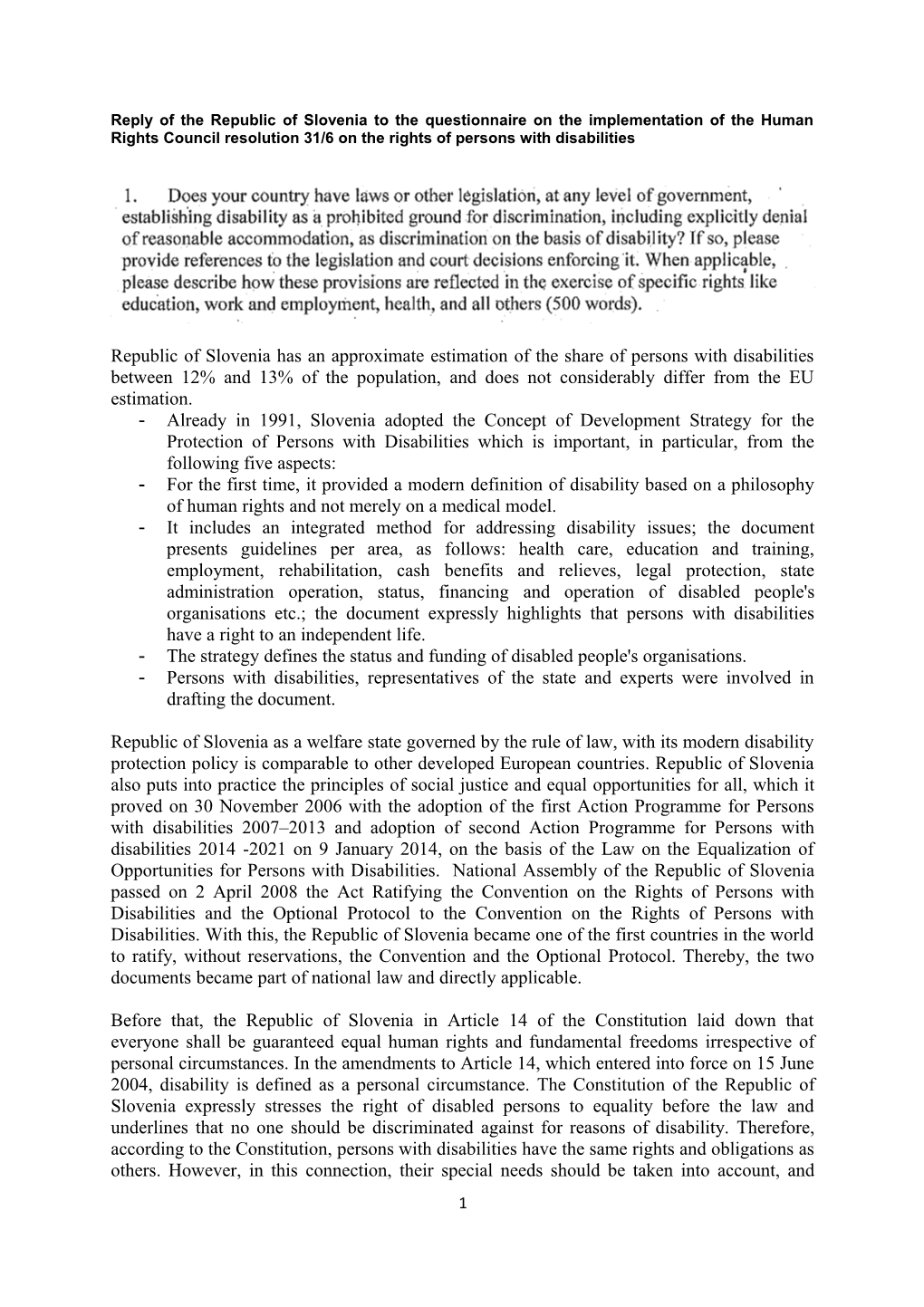 Reply of the Republic of Slovenia to the Questionnaire on the Implementation of the Human