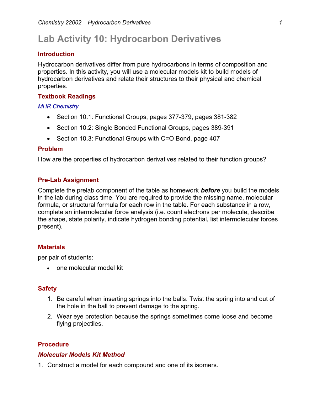 Lab Activity 10: Hydrocarbon Derivatives