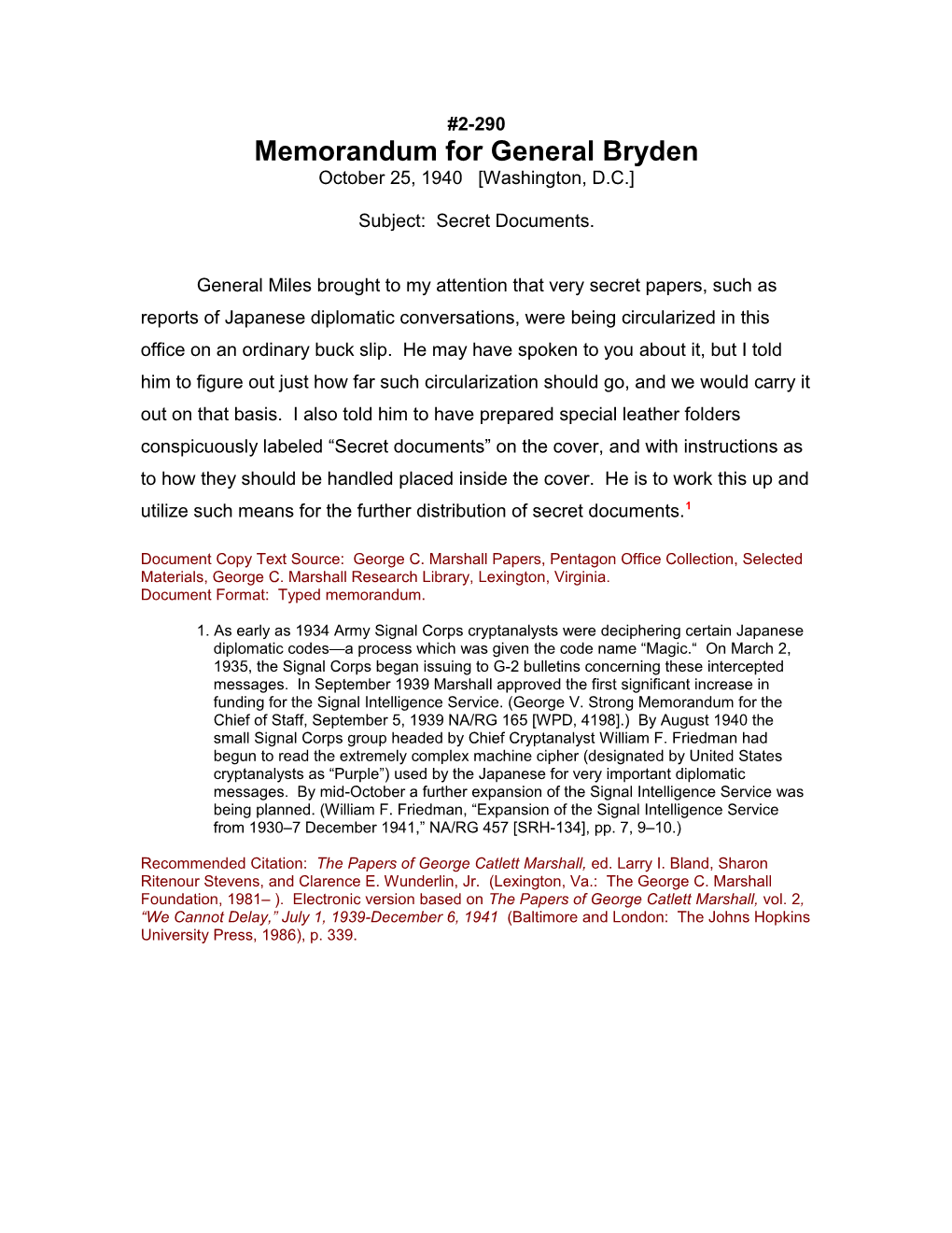 Memorandum for General Bryden