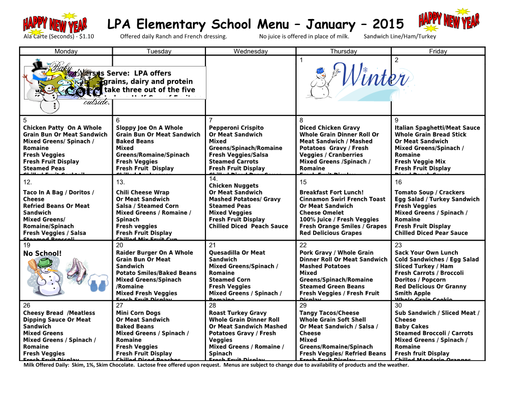 LPA Elementary School Menu January 2015