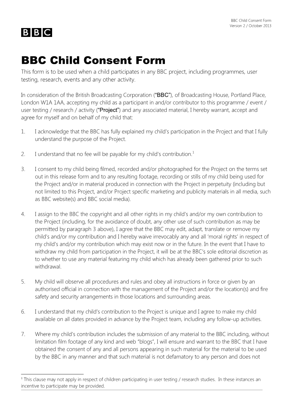BBC Child Consent Form Version 2 / October 2013