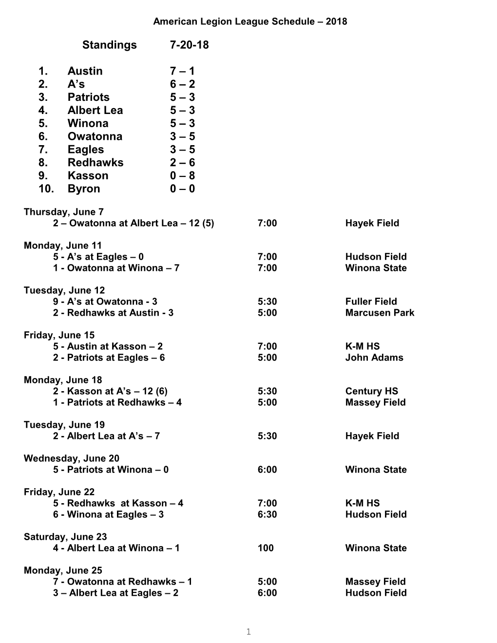 American Legion League Schedule 2018