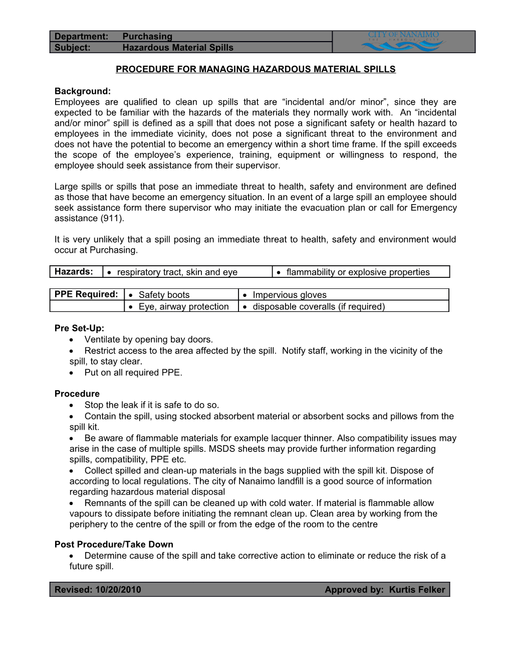 Procedure for Managing Hazardous Material Spills