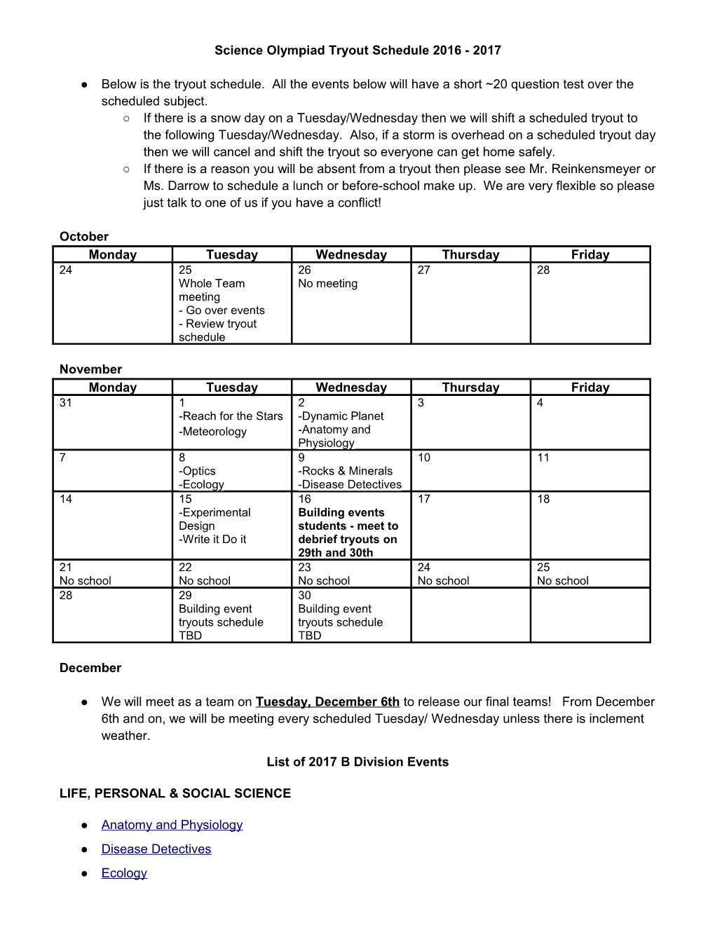 Science Olympiad Tryout Schedule 2016 - 2017