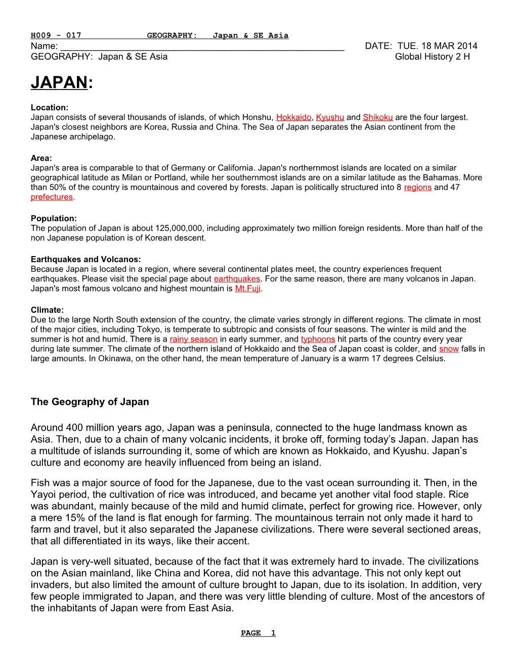H009 - 017 GEOGRAPHY: Japan & SE Asia