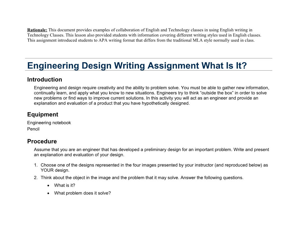 Rationale: This Document Provides Examples of Collaboration of English and Technology Classes