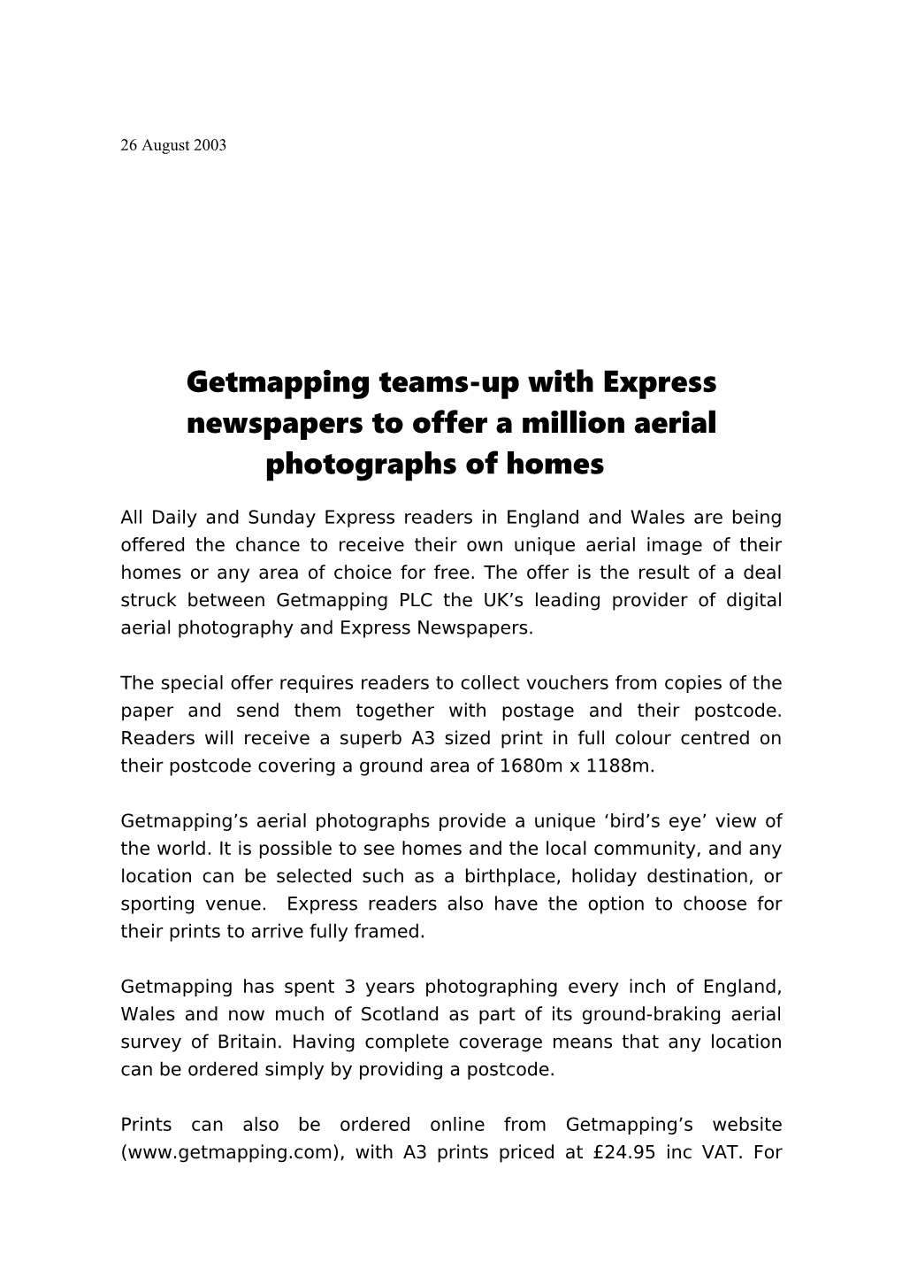 Getmapping Teams-Up with Express Newspapers to Offer a Million Aerial Photographs of Homes