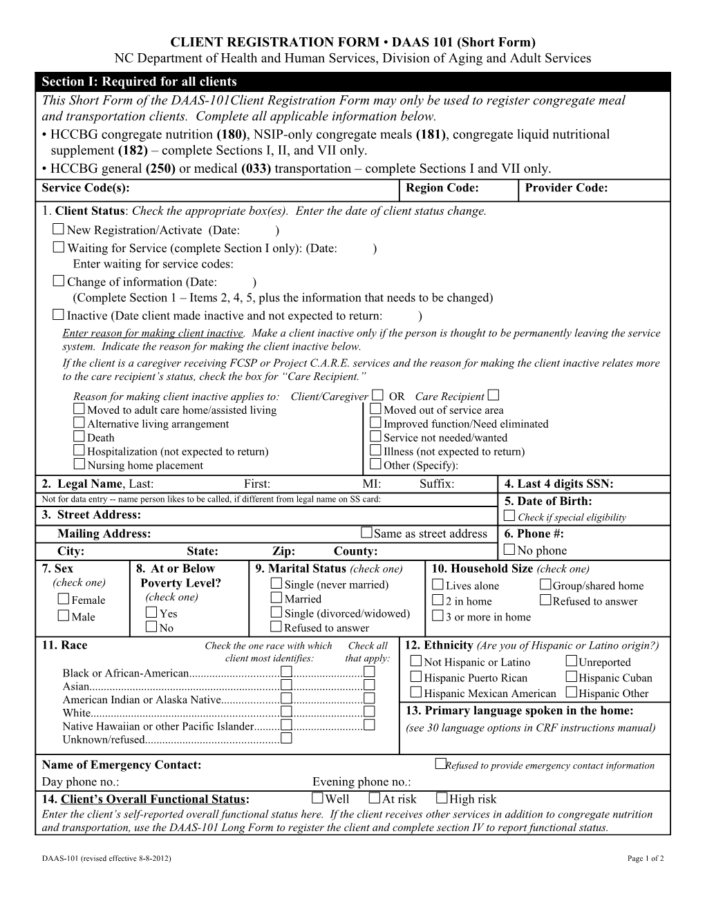 CLIENT REGISTRATION FORM DAAS 101 (Short Form)