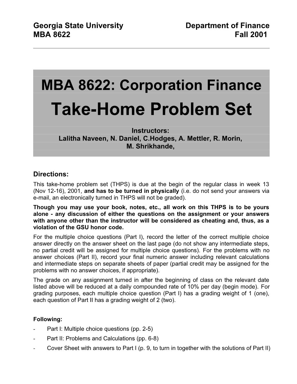 GSU, Department of Finance - Take-Home Problem Set / Page 3 - Corporation Finance