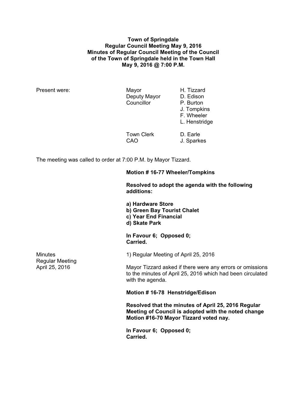 Minutes of Regular Council Meeting of the Council