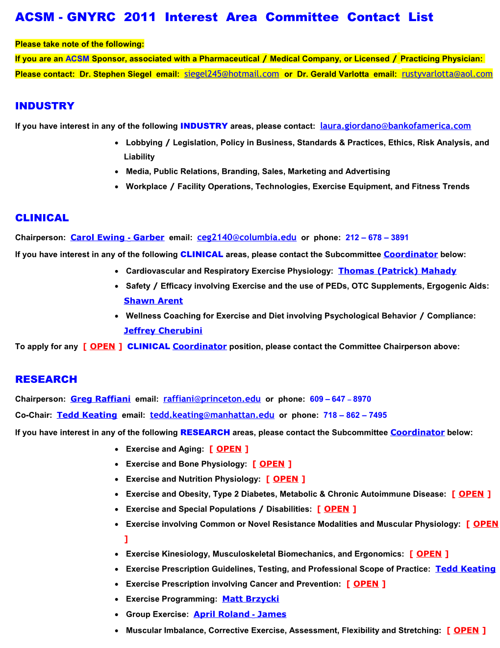 ACSM - GNYRC 2011 Interest Area Committee Contact List