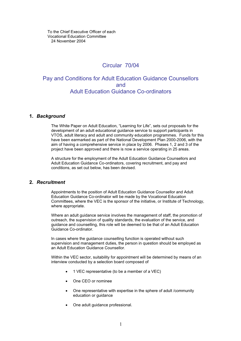 Circular 70/04 - Pay and Conditions for Adult Education Guidance Counsellors and Adult