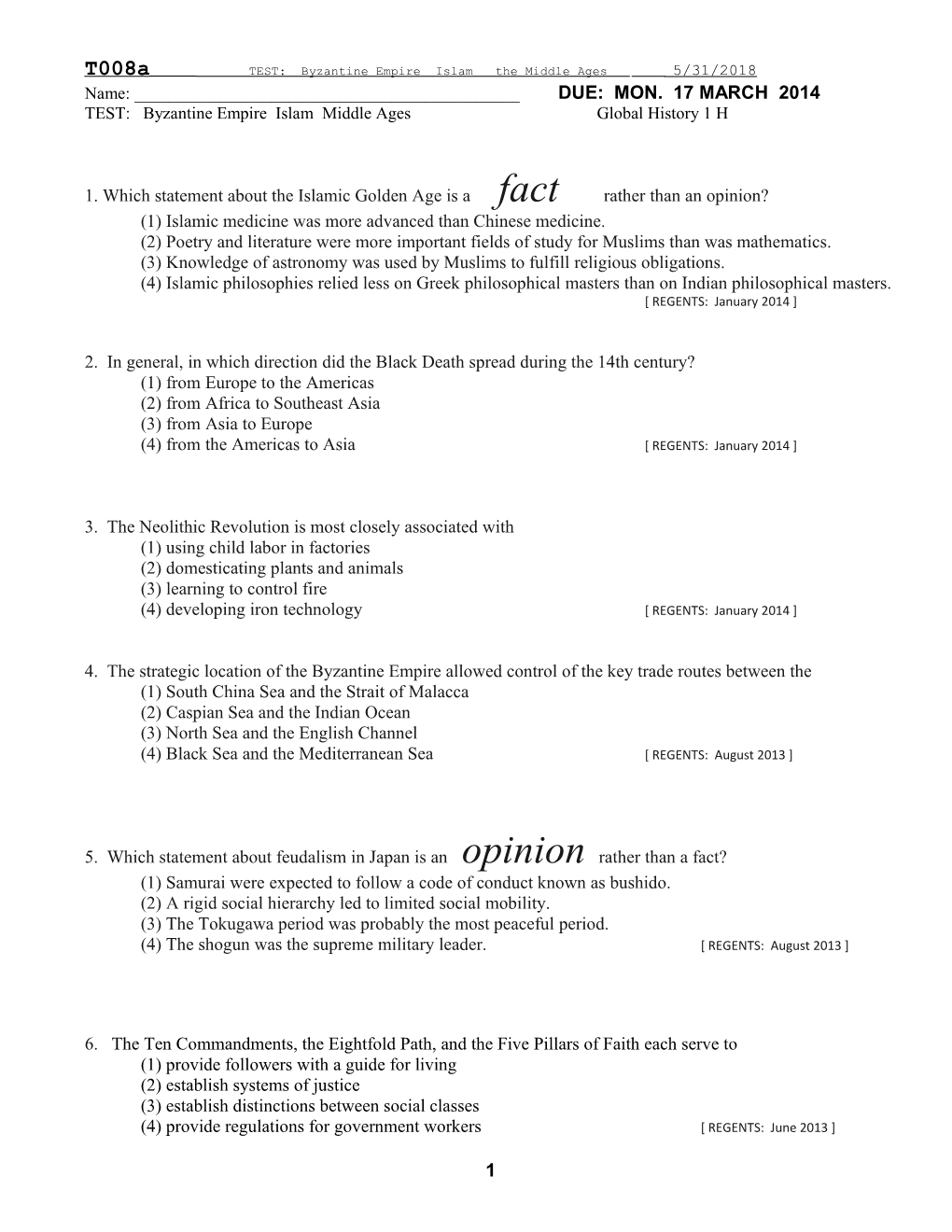 T008a TEST: Byzantine Empire Islam the Middle Ages 3/12/2015