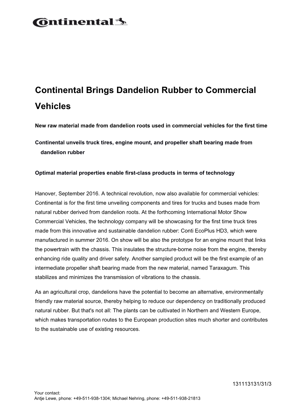 Continental Brings Dandelion Rubber to Commercial Vehicles