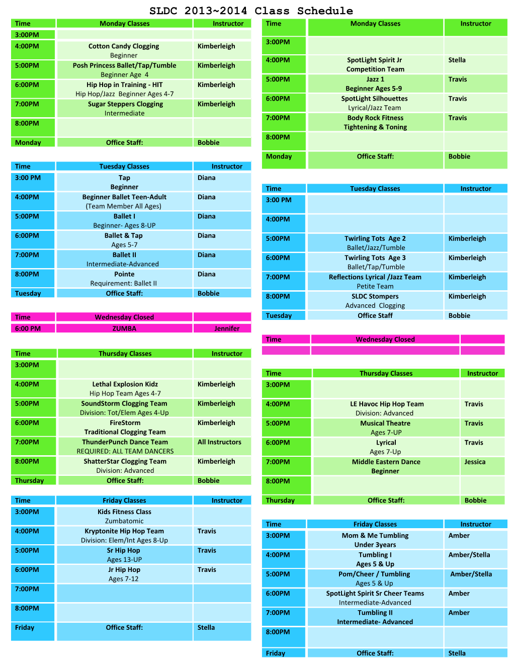 SLDC 2013 2014 Class Schedule