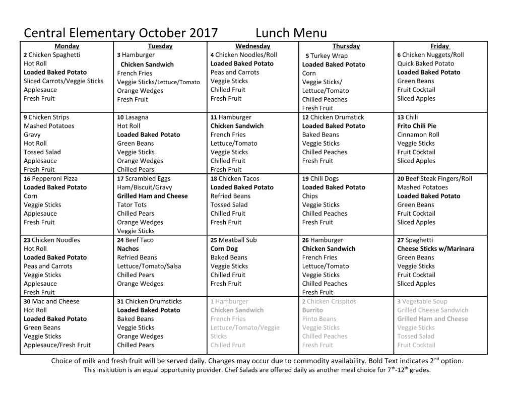 Central Elementary October 2017Lunch Menu