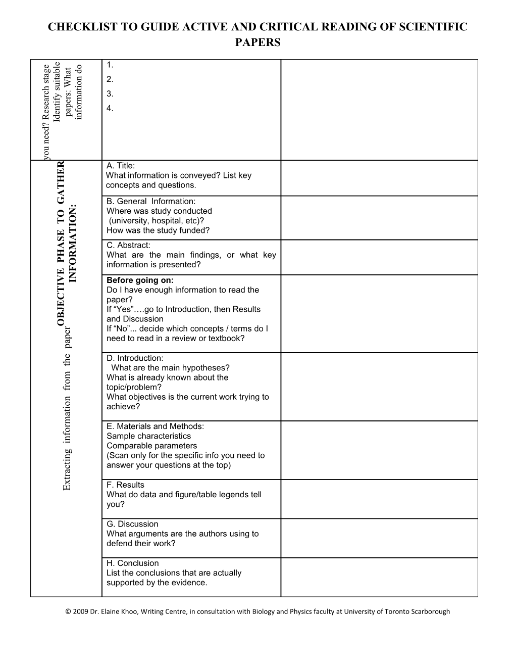Checklist to Guide Active and Critical Reading of Scientific Papers