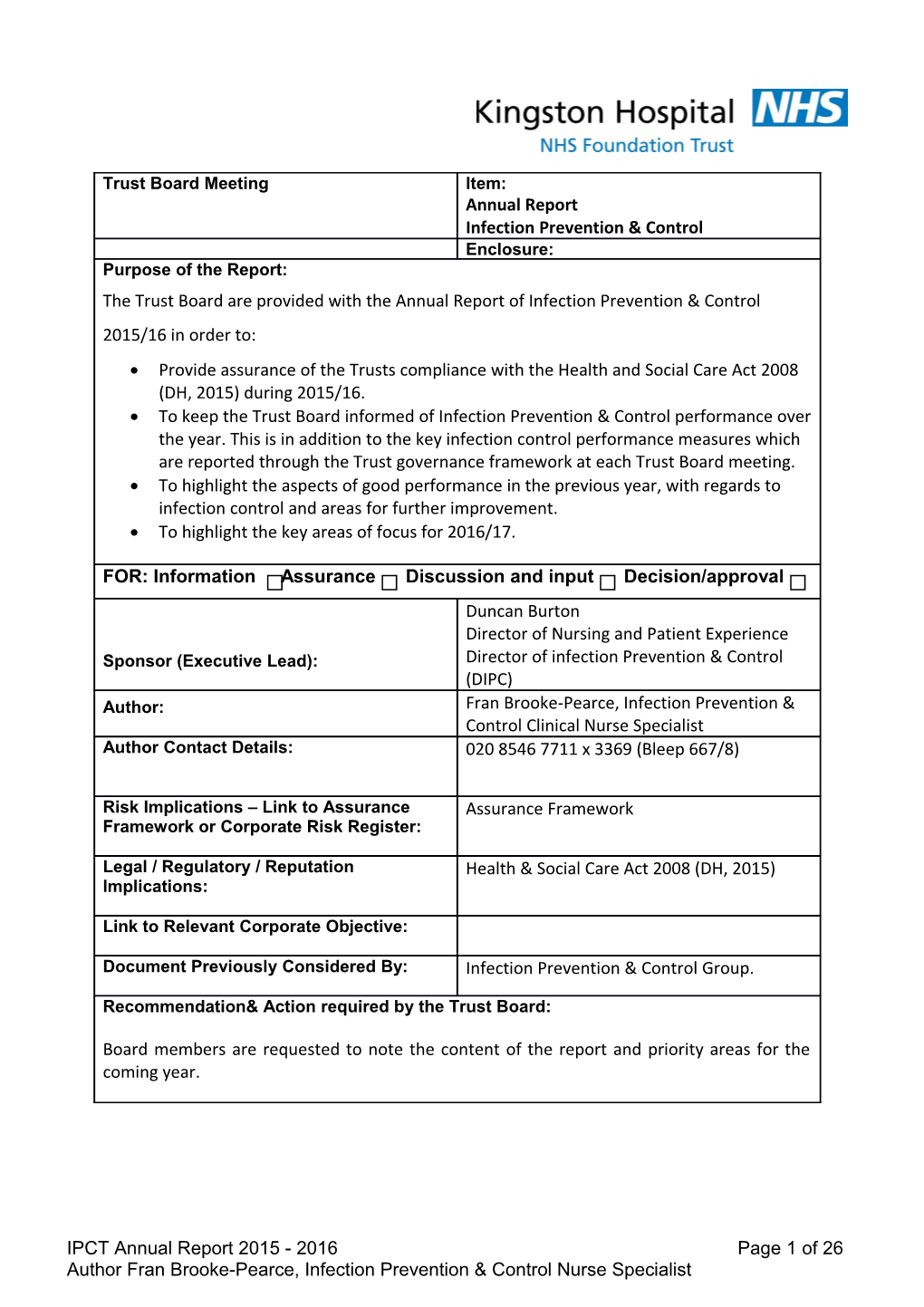 2.0 Infection Prevention & Control Arrangements