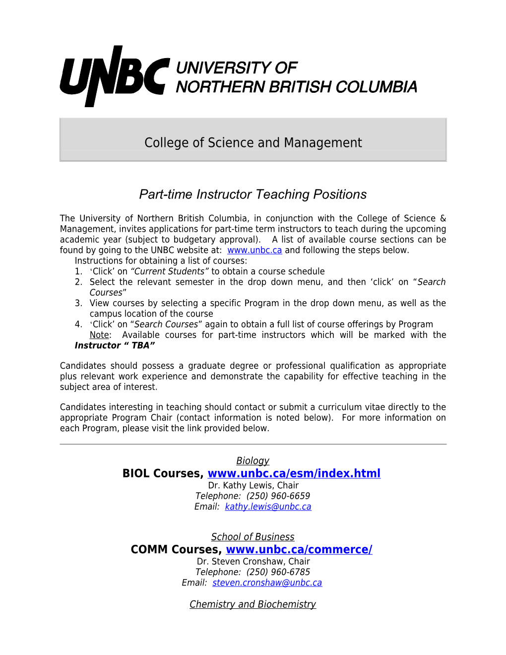 Part-Time Instructor Teaching Positions