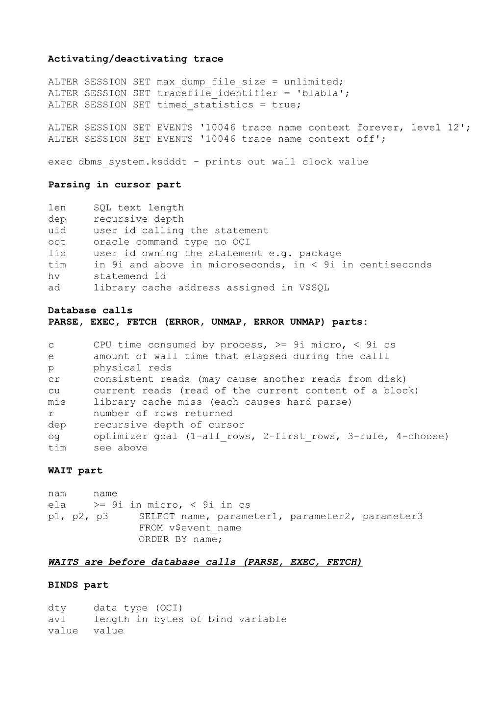 Oracle Trace Description