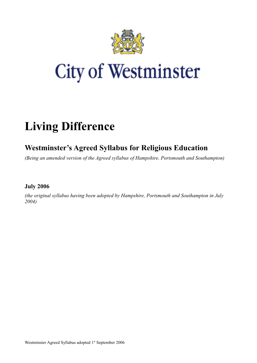 Westminster S Agreed Syllabus for Religious Education