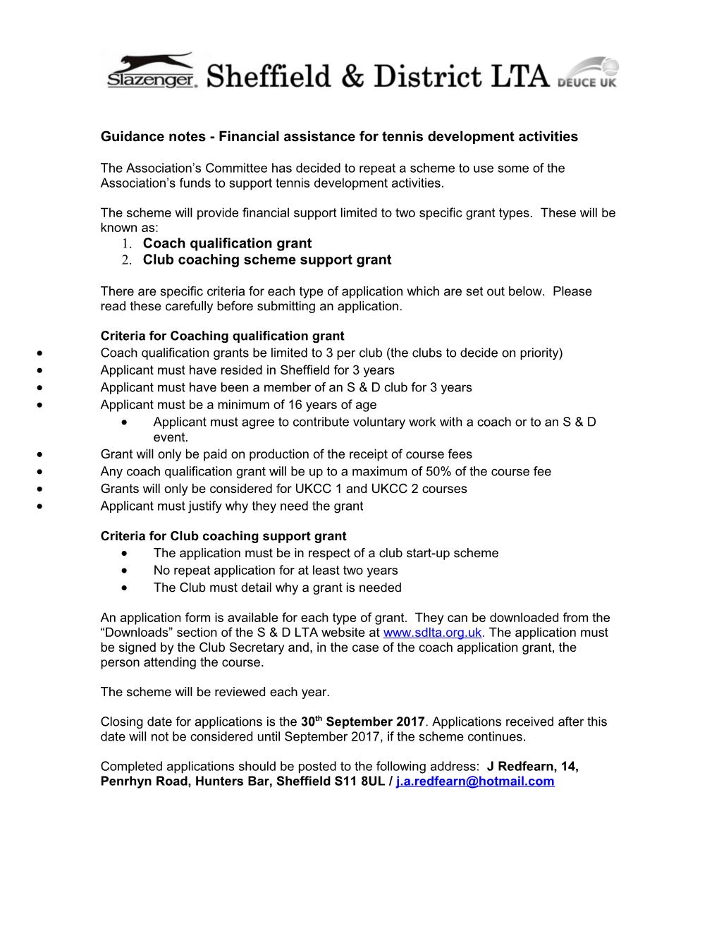 Guidance Notes - Financial Assistance for Tennis Development Activities