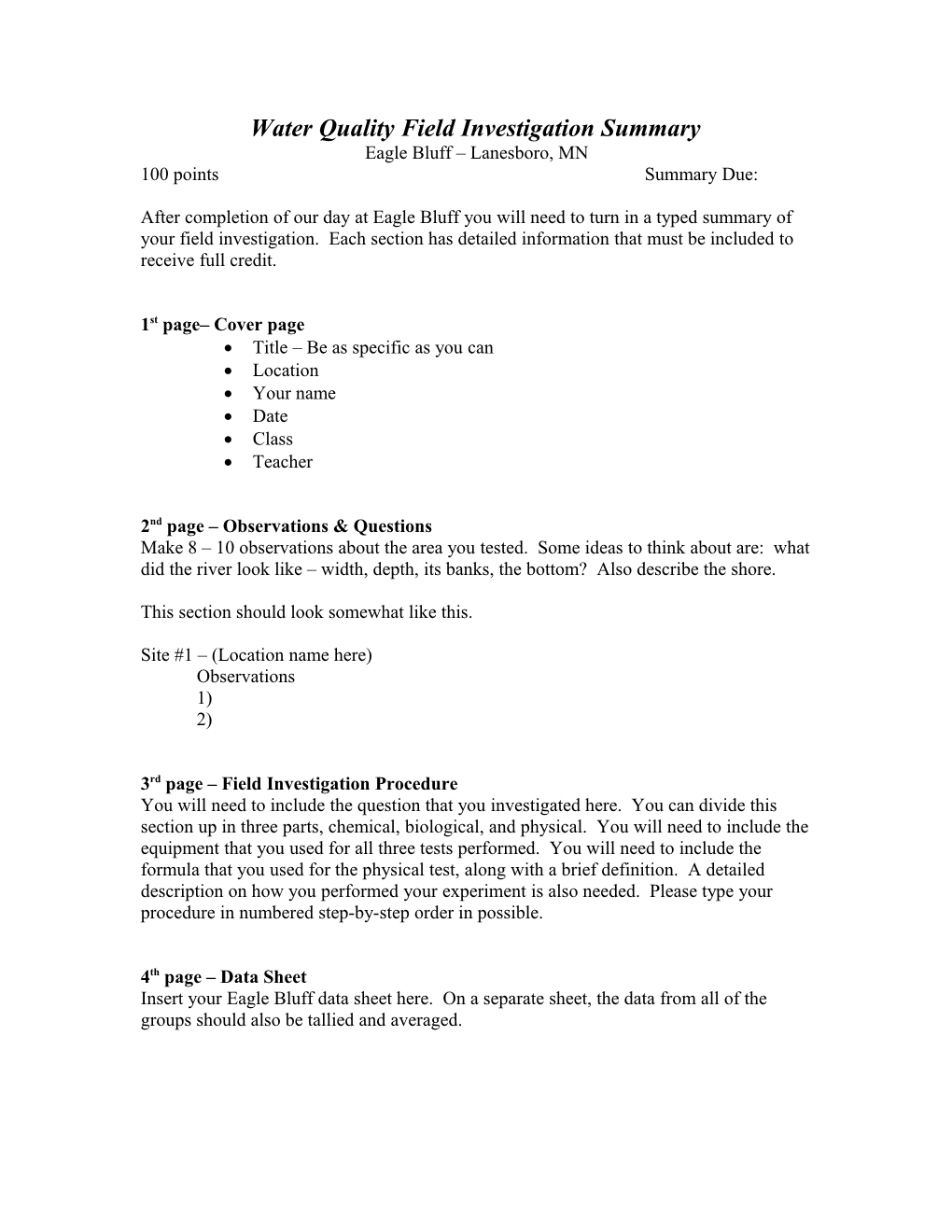 Water Quality Field Investigation Summary