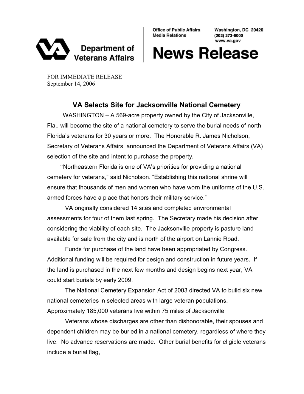 VA Selects Site for Jacksonville National Cemetery