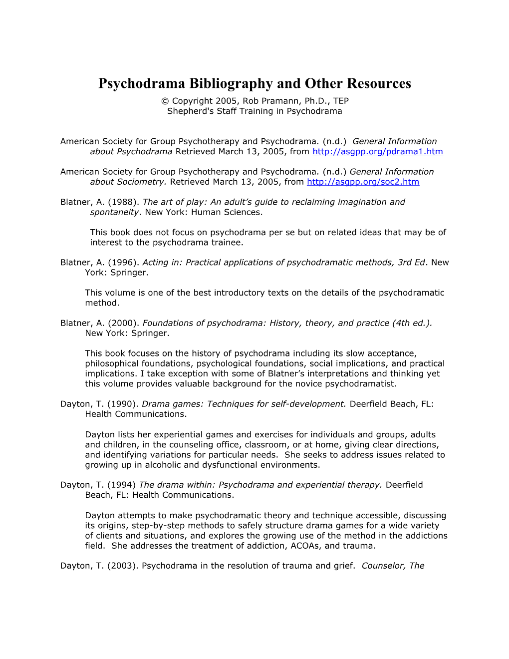 Current Psychodrampa Bibliography