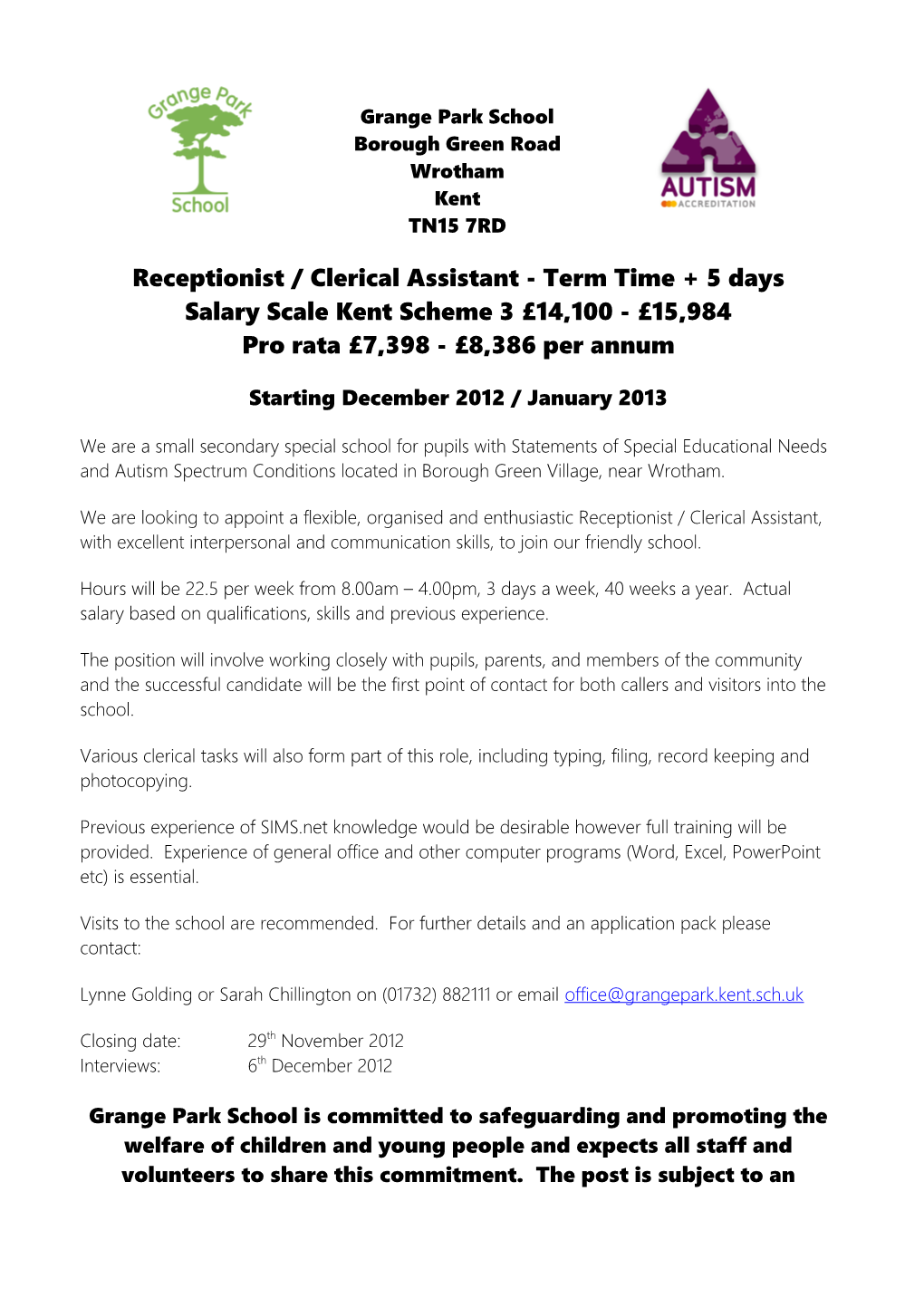 Receptionist / Clerical Assistant - Term Time + 5 Days