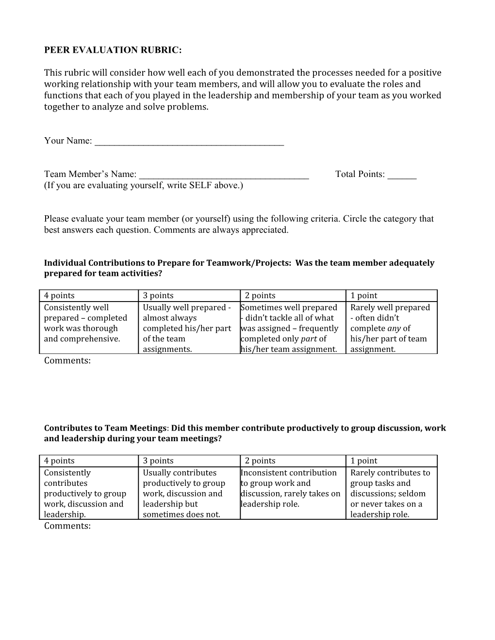 Peer Evaluation Rubric