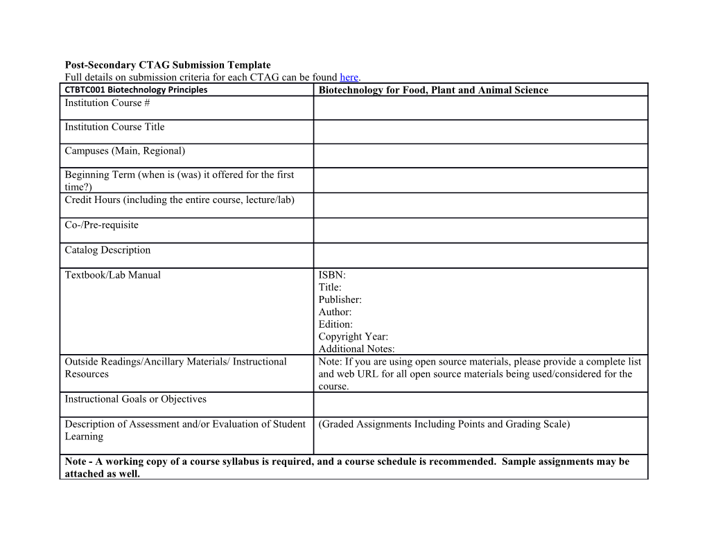 Post-Secondary CTAG Submission Template