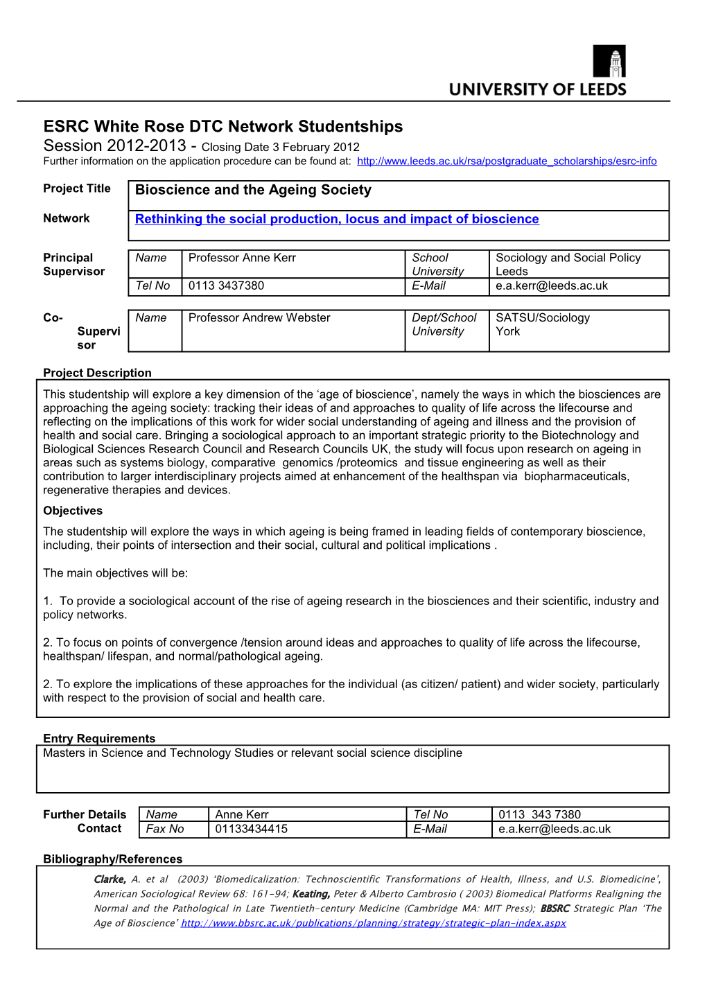 ESRC White Rose DTC Network Studentships