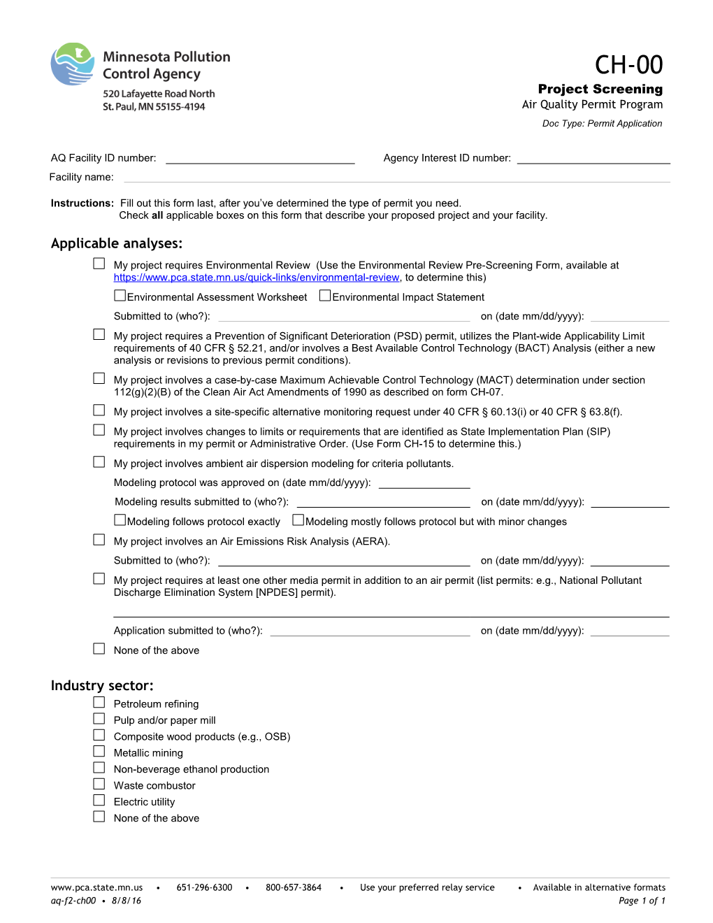 CH-00 Project Screening - Air Quality Permit Program - Form