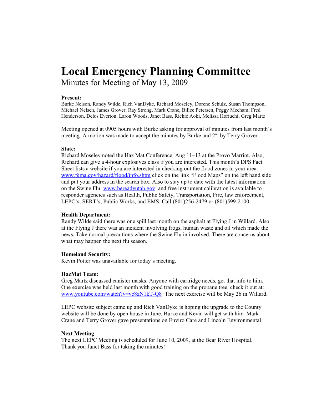 Local Emergency Planning Committee Minutes for Meeting of February 11, 2009