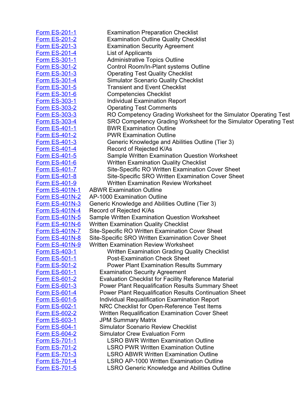 Form ES-201-1 Examination Preparation Checklist