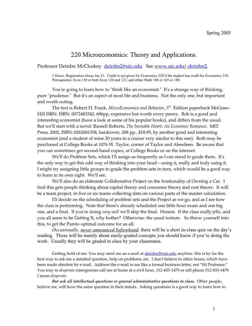 220 Microeconomics: Theory and Applications