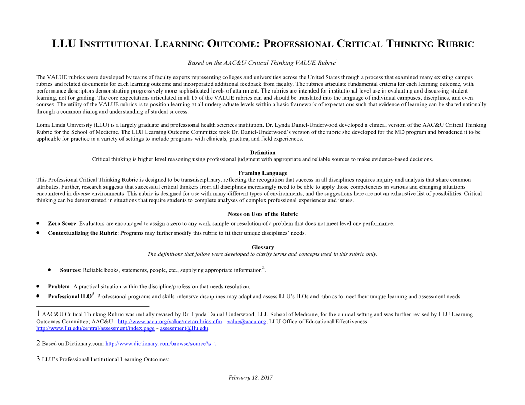 LLU Institutional Learning Outcome: Professional Critical Thinking Rubric