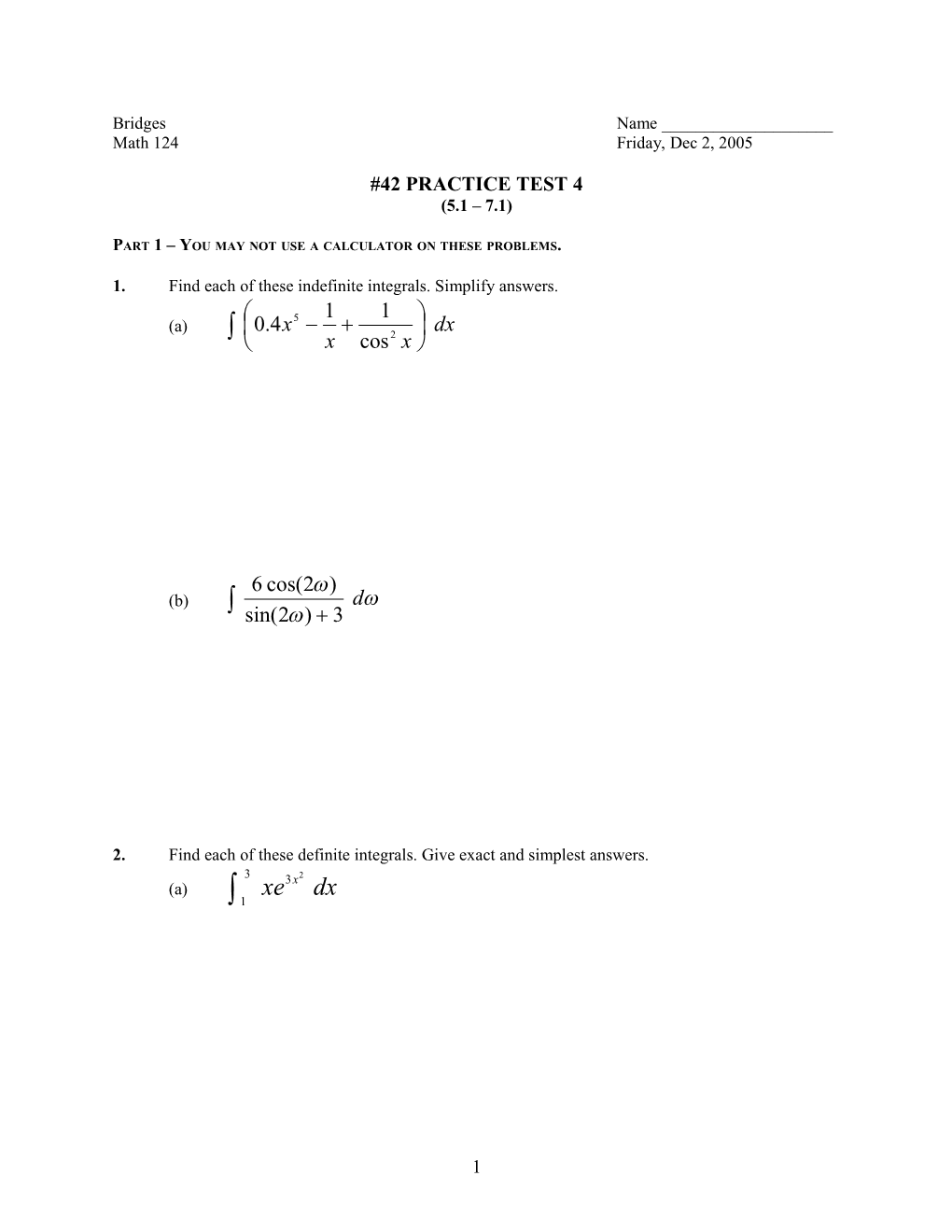 Part 1 You May Not Use a Calculator on These Problems