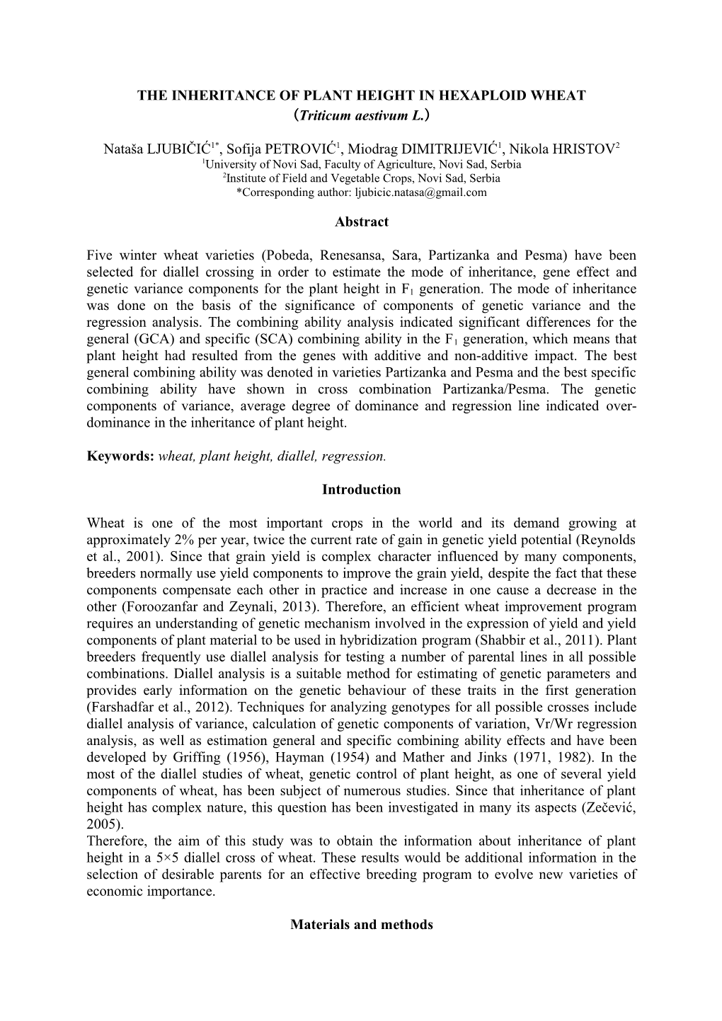 The Inheritance of Plant Height in Hexaploid Wheat