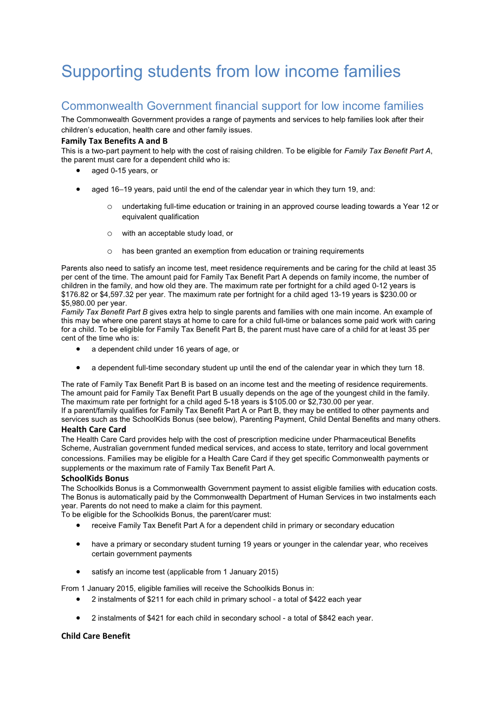 Commonwealth Government Financial Support for Low Income Families