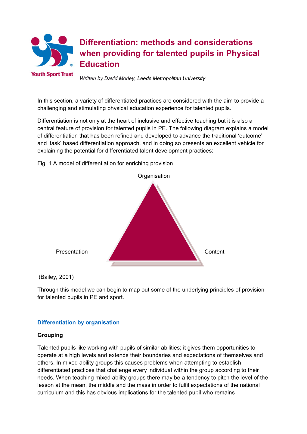 Differentiation: Methods and Considerations When Providing for Talented Pupils in Physical