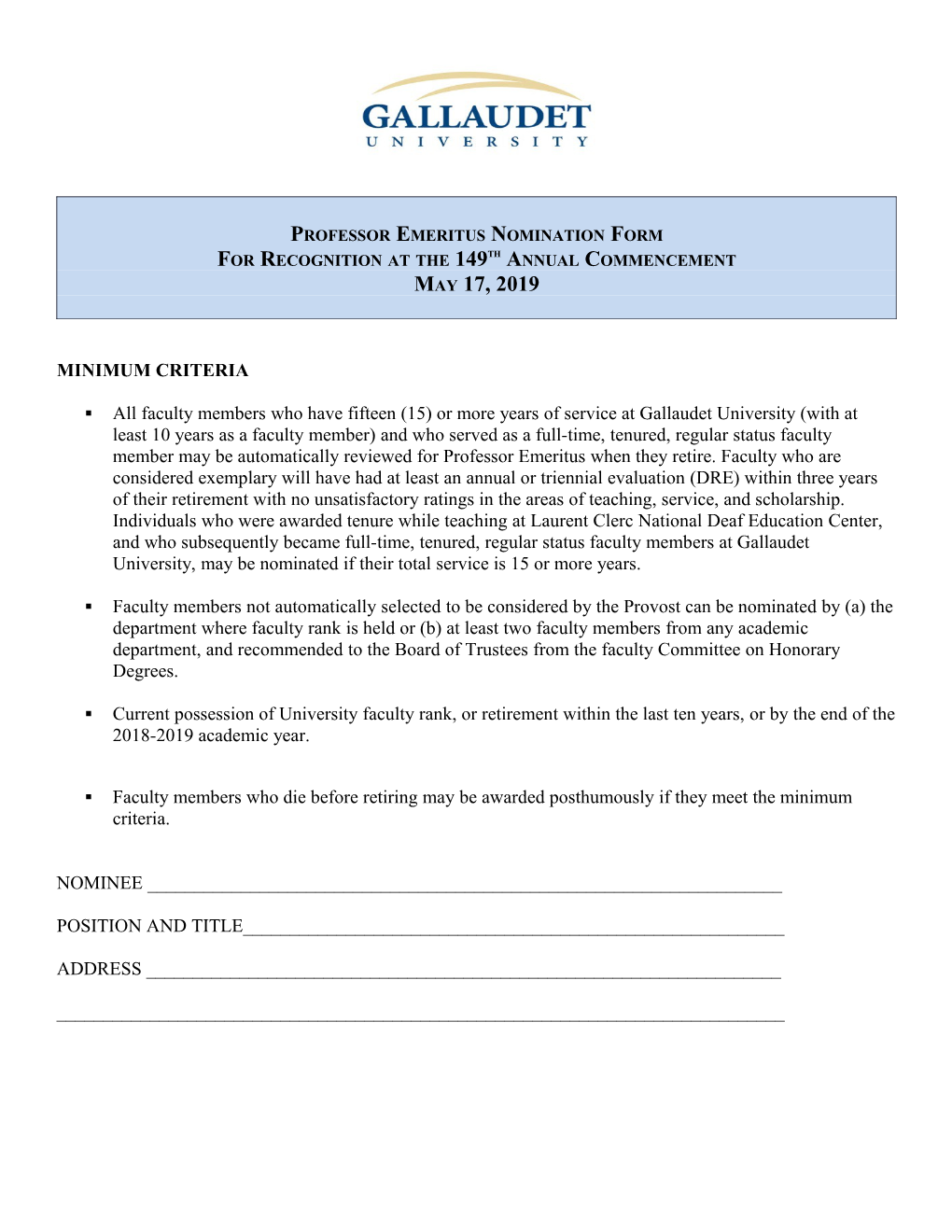 Professor Emeritus Nomination Form